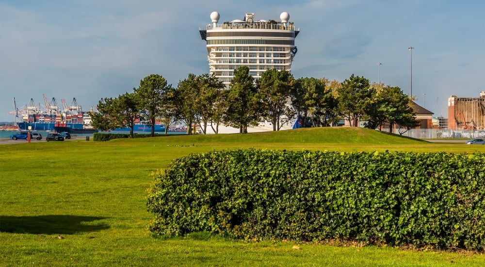 mayflower park, green grassy areas with a cruise ship in the background