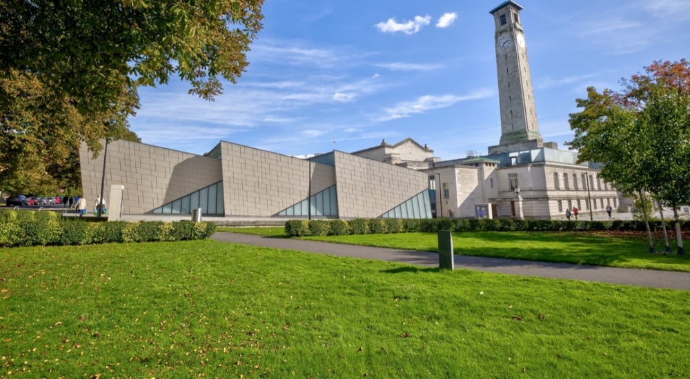 green park with seacity museum building and southampton guildhall clock tower 